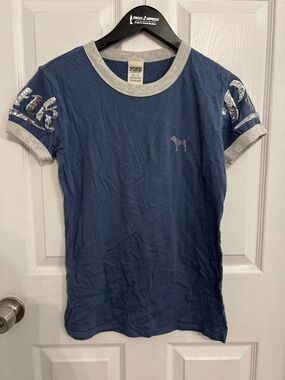 PINK Victoria's Secret Navy Tee with Gray Ringer and Sequin Sleeve Logo